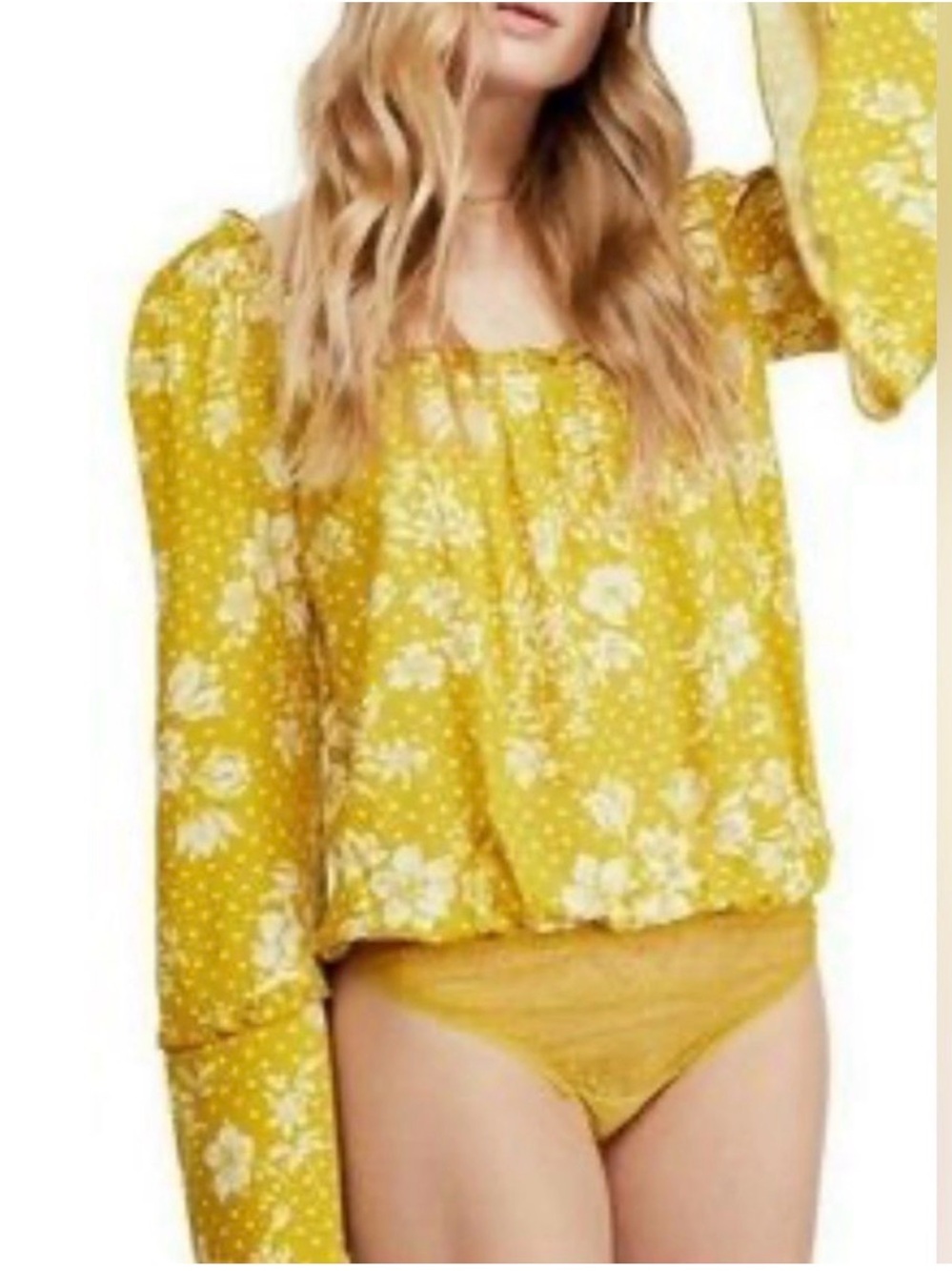 Free People Marigold Floral Ruffled-Neck Blouse